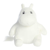 A Soft white Moomin plush in a seated position, with the iconic plump body and expressive eyes, ready for cozy snuggles