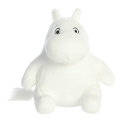 A Soft white Moomin plush in a seated position, with the iconic plump body and expressive eyes, ready for cozy snuggles