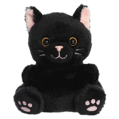 Twilight Black Cat plush from Palm Pals with velvety fur, pink paws, and yellow eyes, perfect for cuddles and magic.