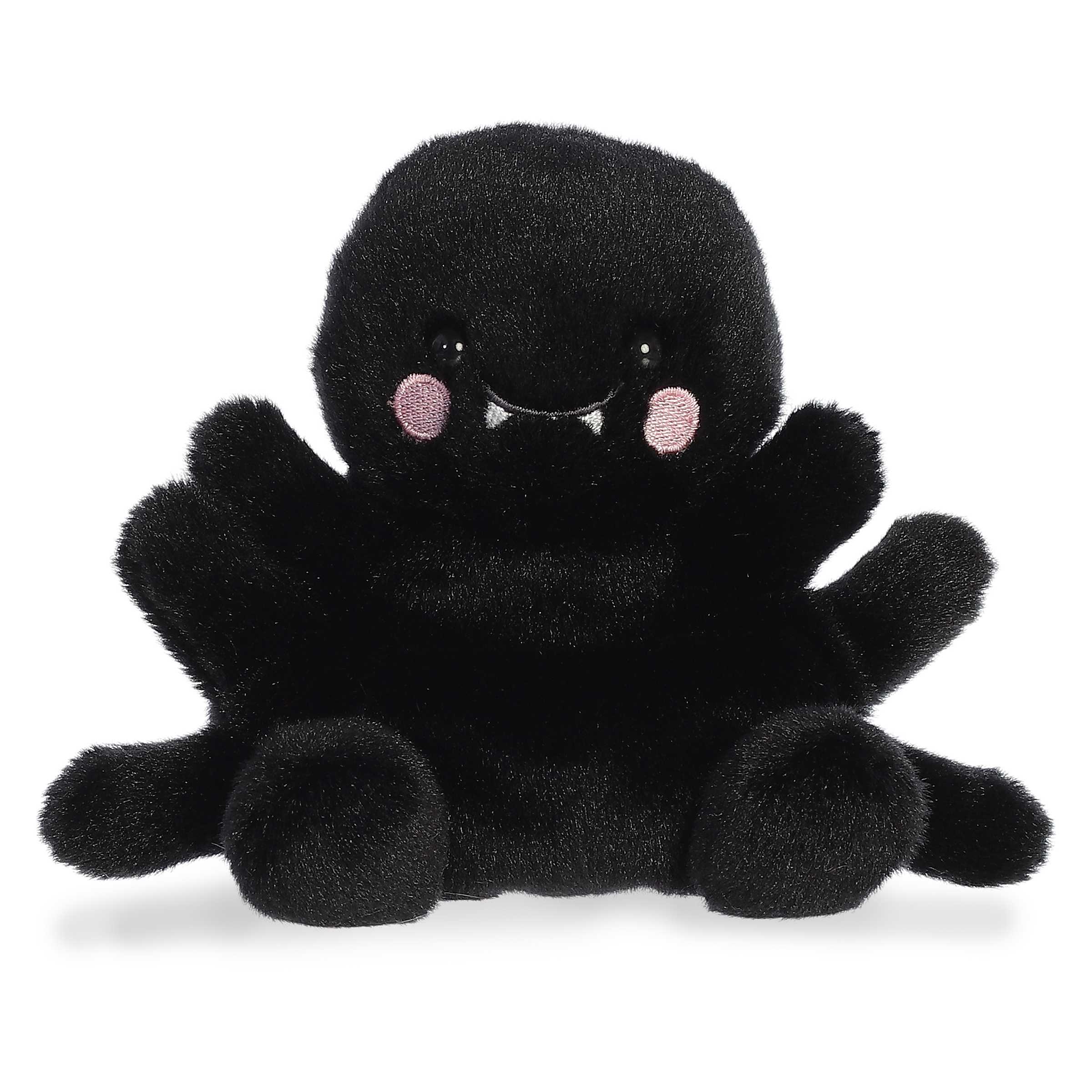 Penny Mae Spider plush from Palm Pals, soft black fur with pink cheeks and a friendly smile, perfect for spooky fun!
