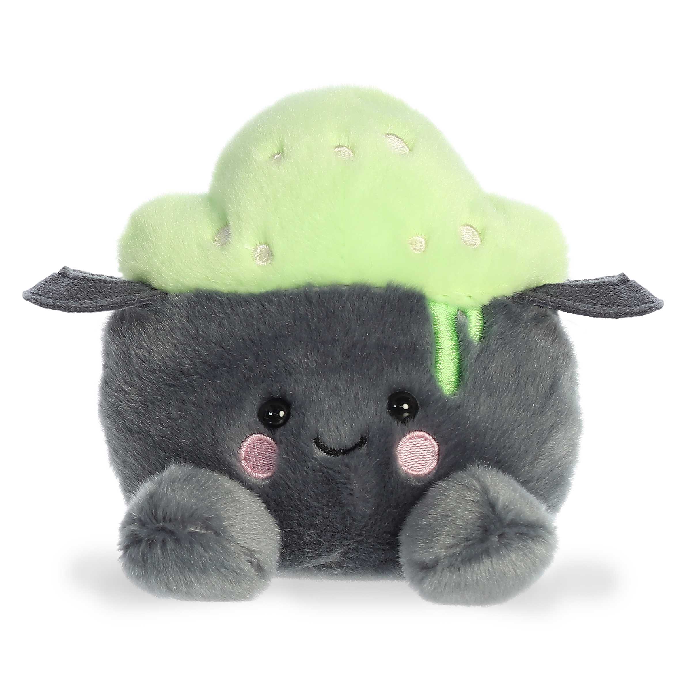 Bubbly Cauldron plush from Palm Pals, soft gray body with pink cheeks and green potion, perfect for magical adventures