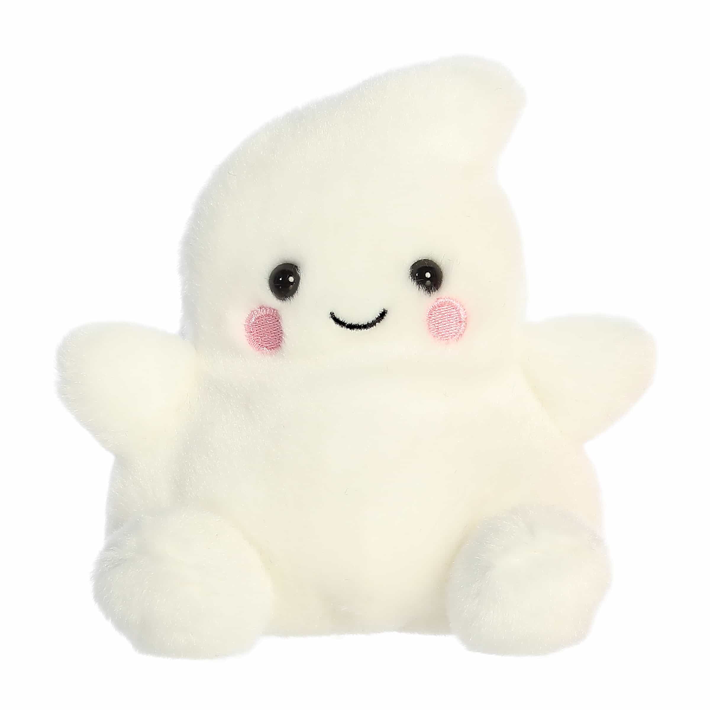 Adorable ghost plush with bright eyes, rosy cheeks, and a soft, whimsical shape. Ideal for festive displays.