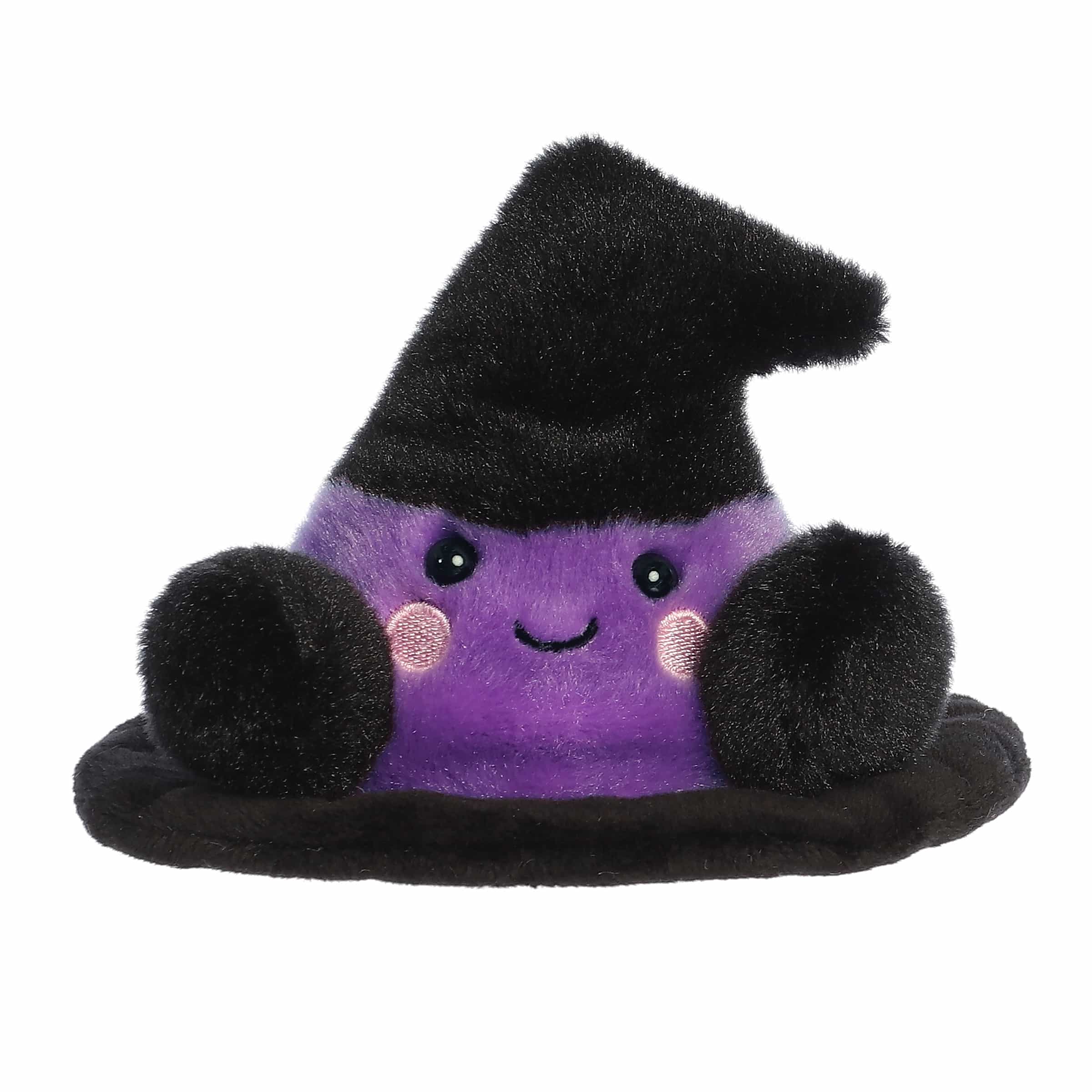 Vibrant purple and black witch hat plush with pink cheeks and a friendly smile. Ideal for magic lovers.