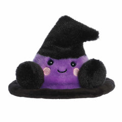 Vibrant purple and black witch hat plush with pink cheeks and a friendly smile. Ideal for magic lovers.