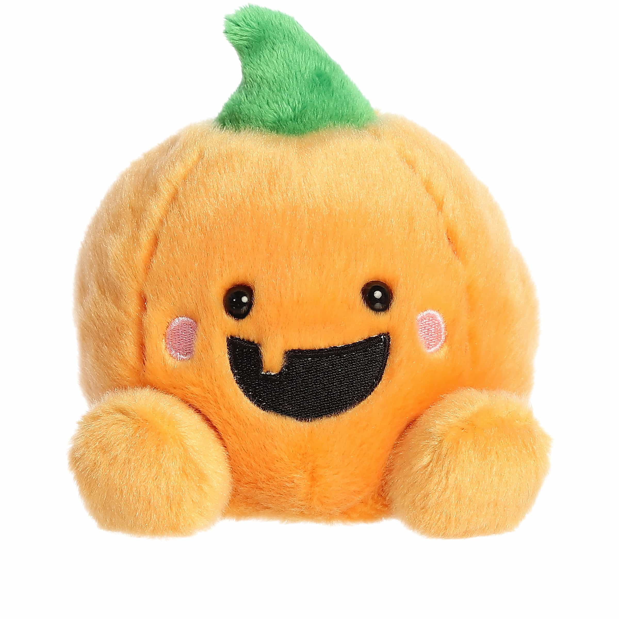 Bright orange pumpkin plush with a textured body, green stem, and a playful smile. Ideal for festive decor
