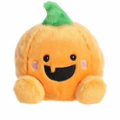 Bright orange pumpkin plush with a textured body, green stem, and a playful smile. Ideal for festive decor