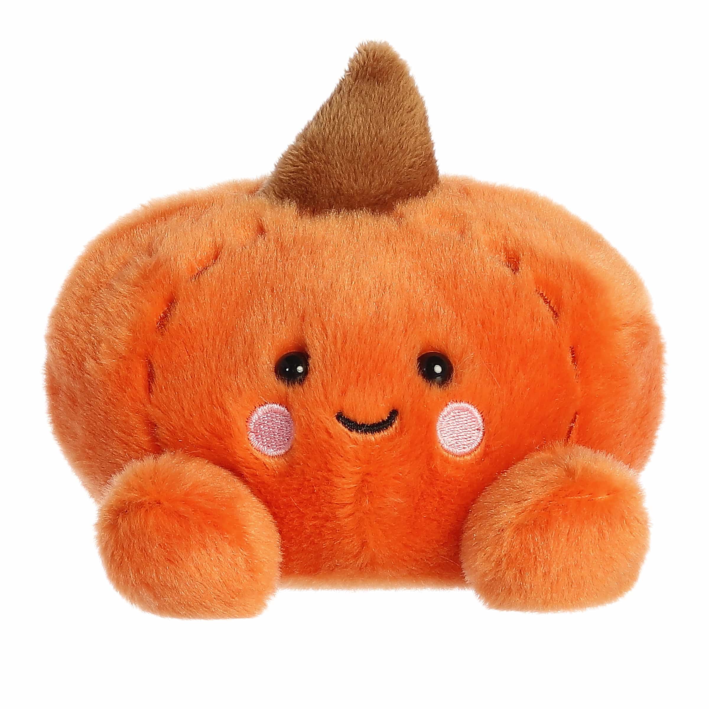 Cheerful orange Palm Pal pumpkin plush with playful pattern and cute brown stem, perfect for seasonal joy.