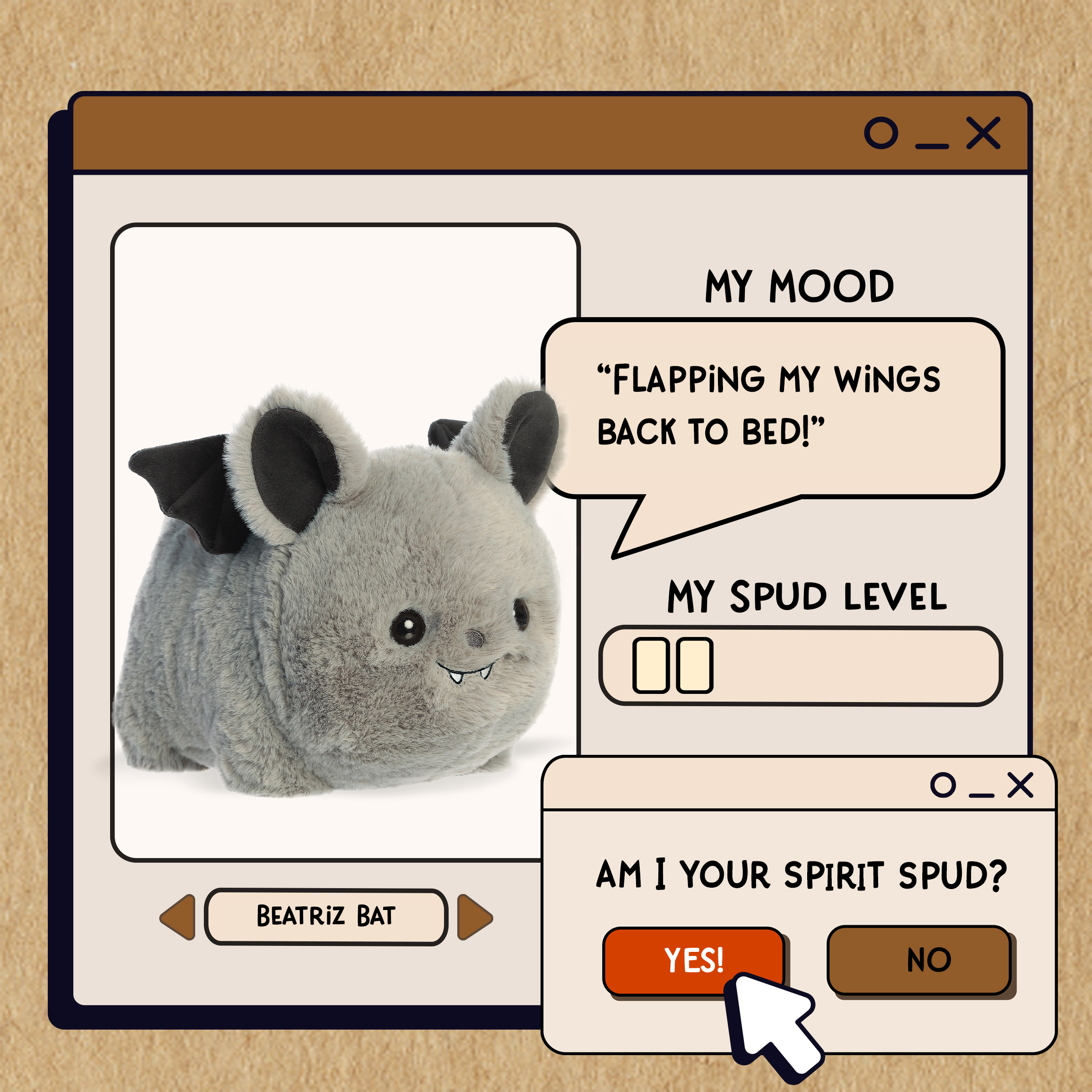 A spudsters product card for the Beatriz Bat plush by Aurora