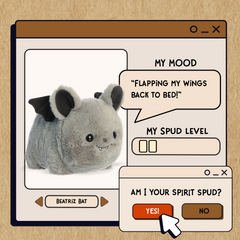 A spudsters product card for the Beatriz Bat plush by Aurora