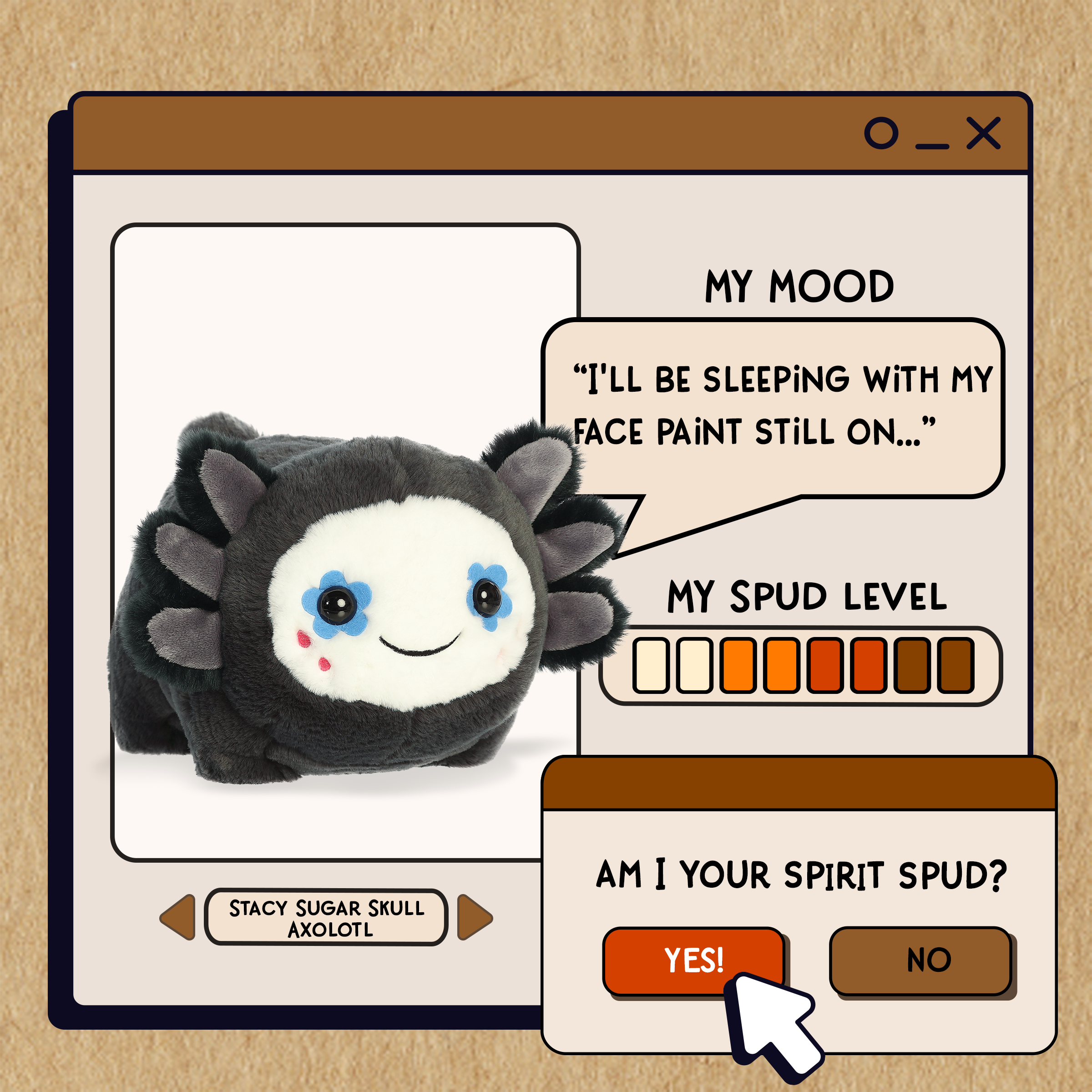 A spudsters product card for the Sugar Skull Axolotl plush by Aurora