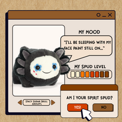 A spudsters product card for the Sugar Skull Axolotl plush by Aurora