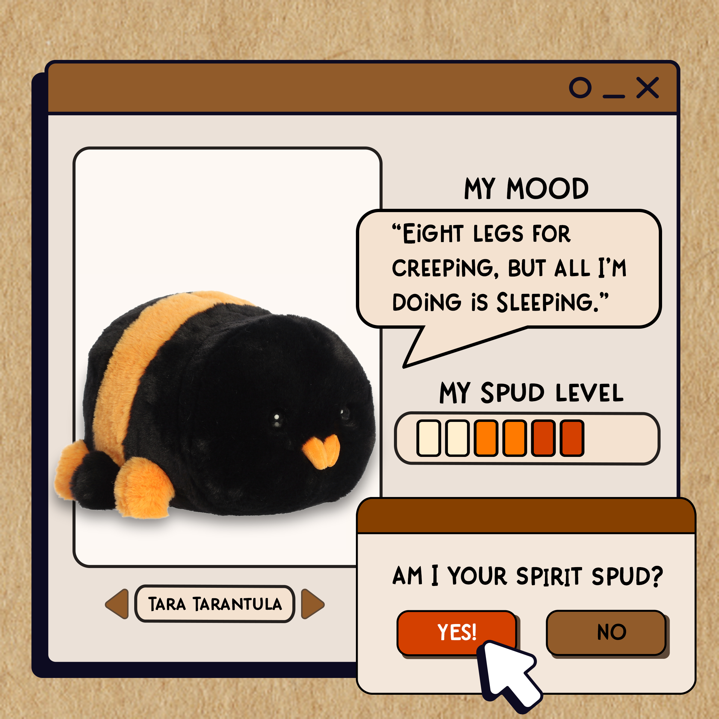 A spudsters product card for the Tara Tarantula plush by Aurora