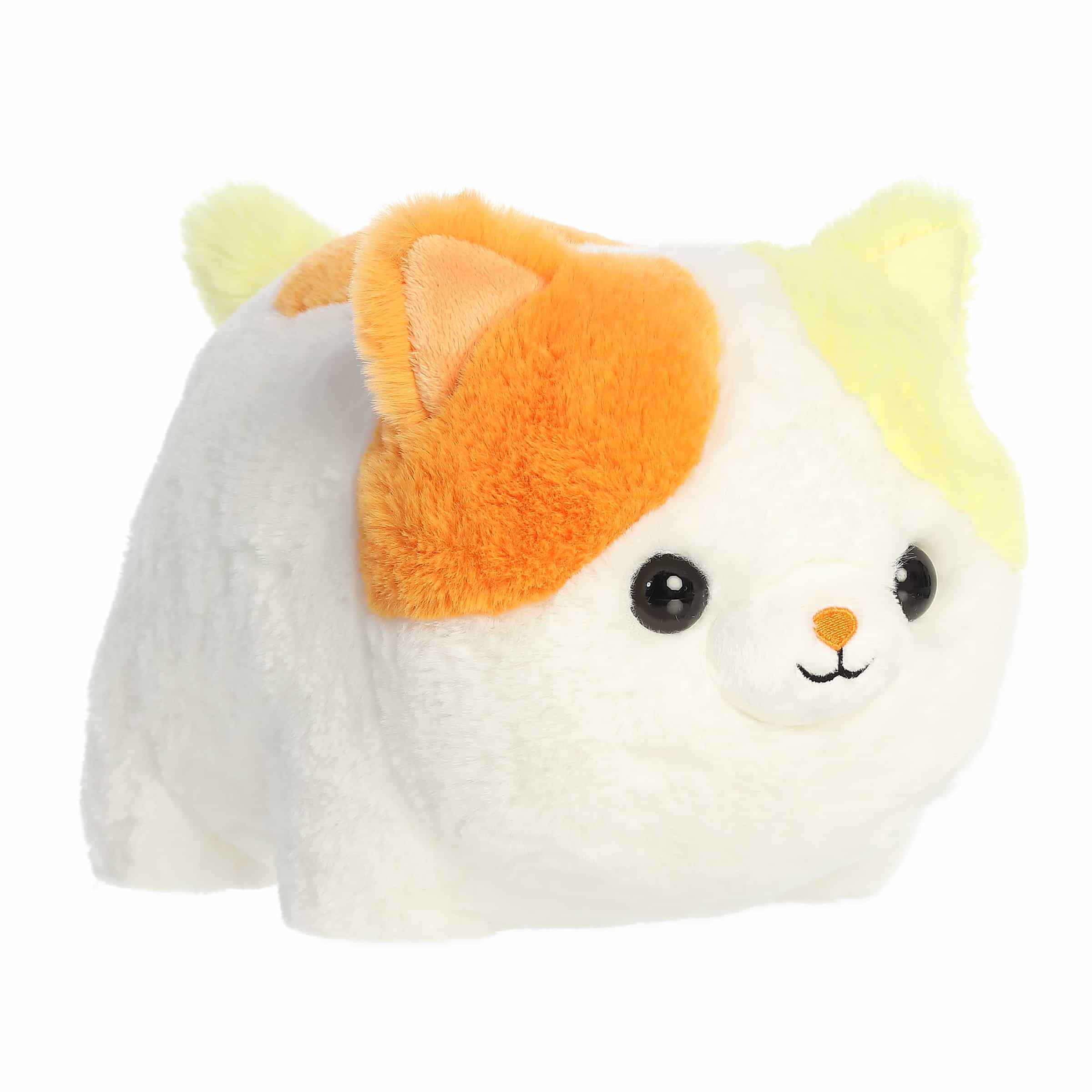 Soft calico cat plush with candy corn colors, designed for durability and cuddles.
