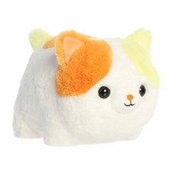 Soft calico cat plush with candy corn colors, designed for durability and cuddles.