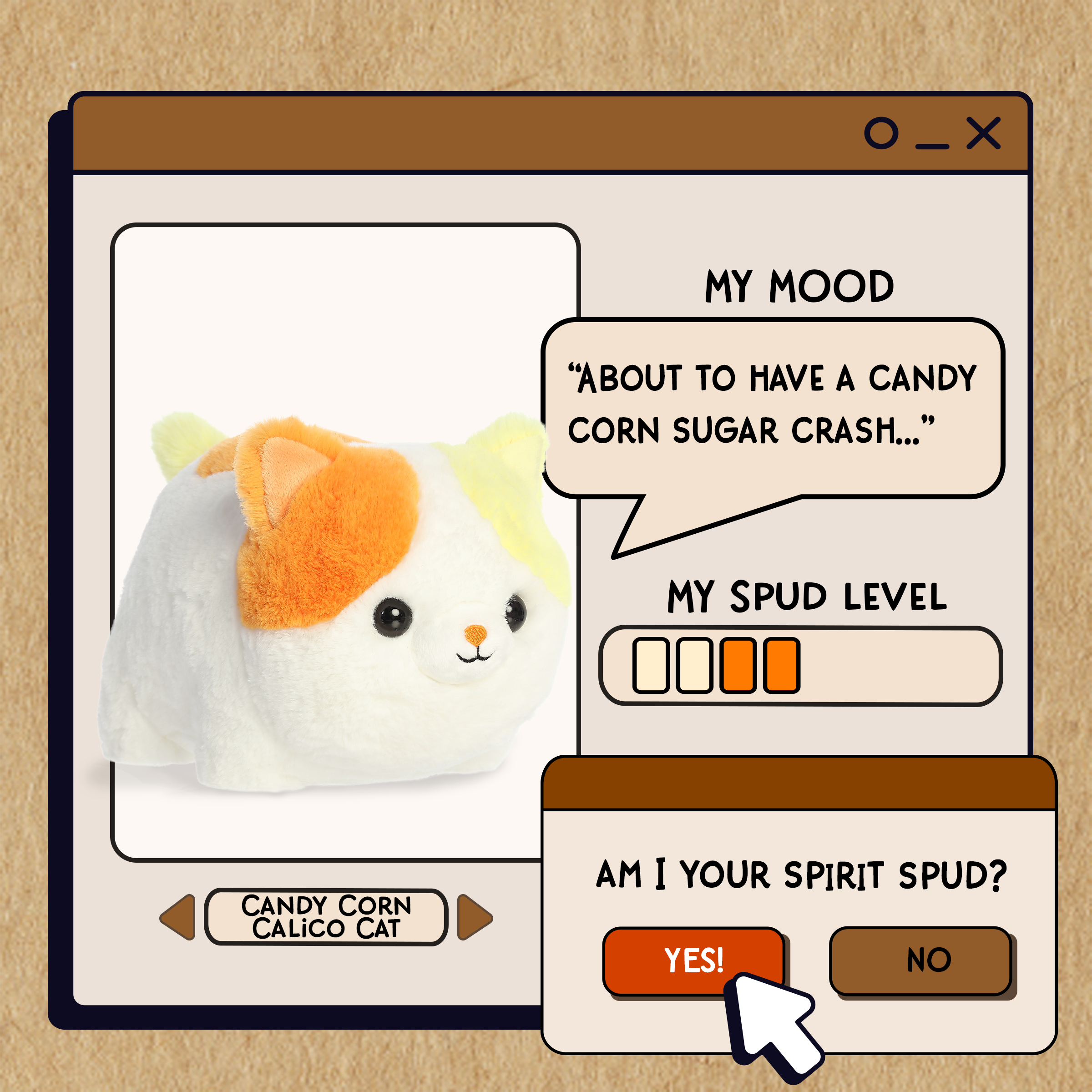 A spudsters product card for the Calico Cat plush by Aurora