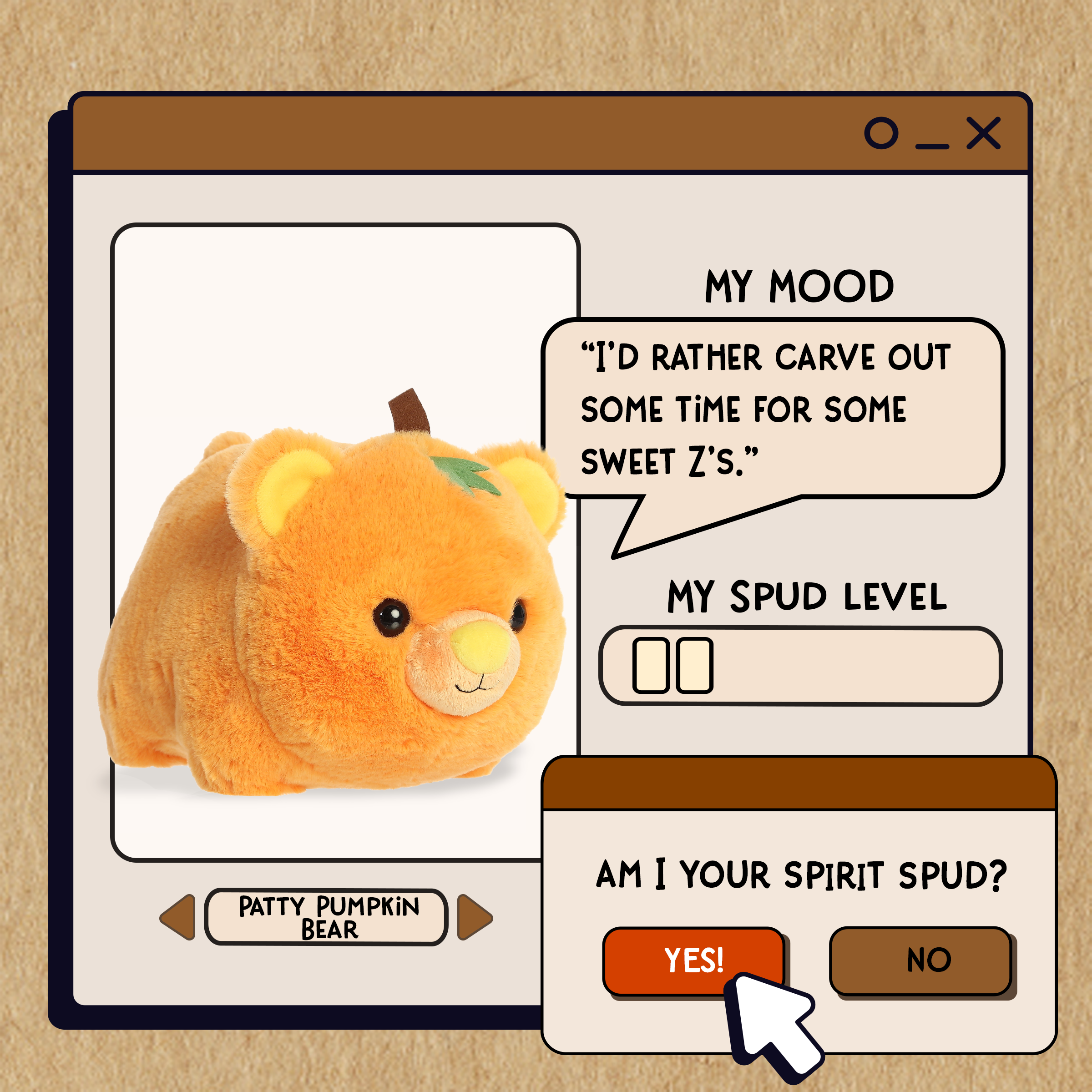 A spudsters product card for the Pumpkin Bear plush by Aurora
