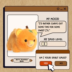A spudsters product card for the Pumpkin Bear plush by Aurora