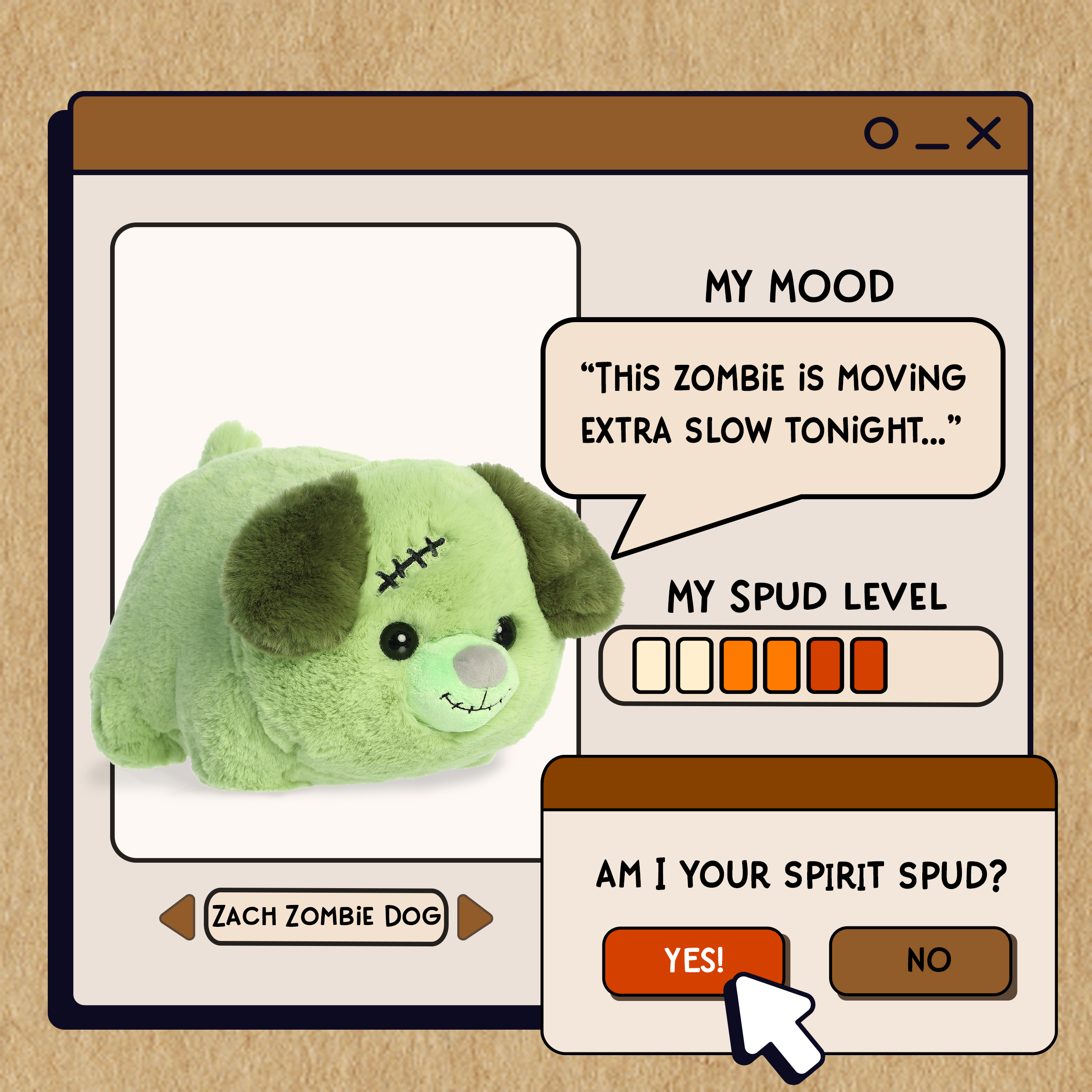 A spudsters product card for the Zombie Dog plush by Aurora