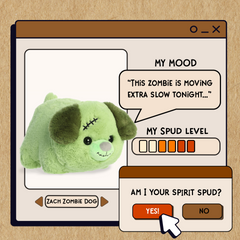 A spudsters product card for the Zombie Dog plush by Aurora
