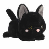 Silky black cat plush in a belly-down pose with sprawling arms, captivating eyes.