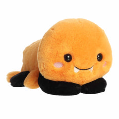 Soft round-bodied spider plush in orange and black, with sprawling limbs and a friendly face.
