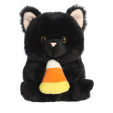 Compact round-bodied black cat Rolly Pet plush with glossy fur and a candy corn charm