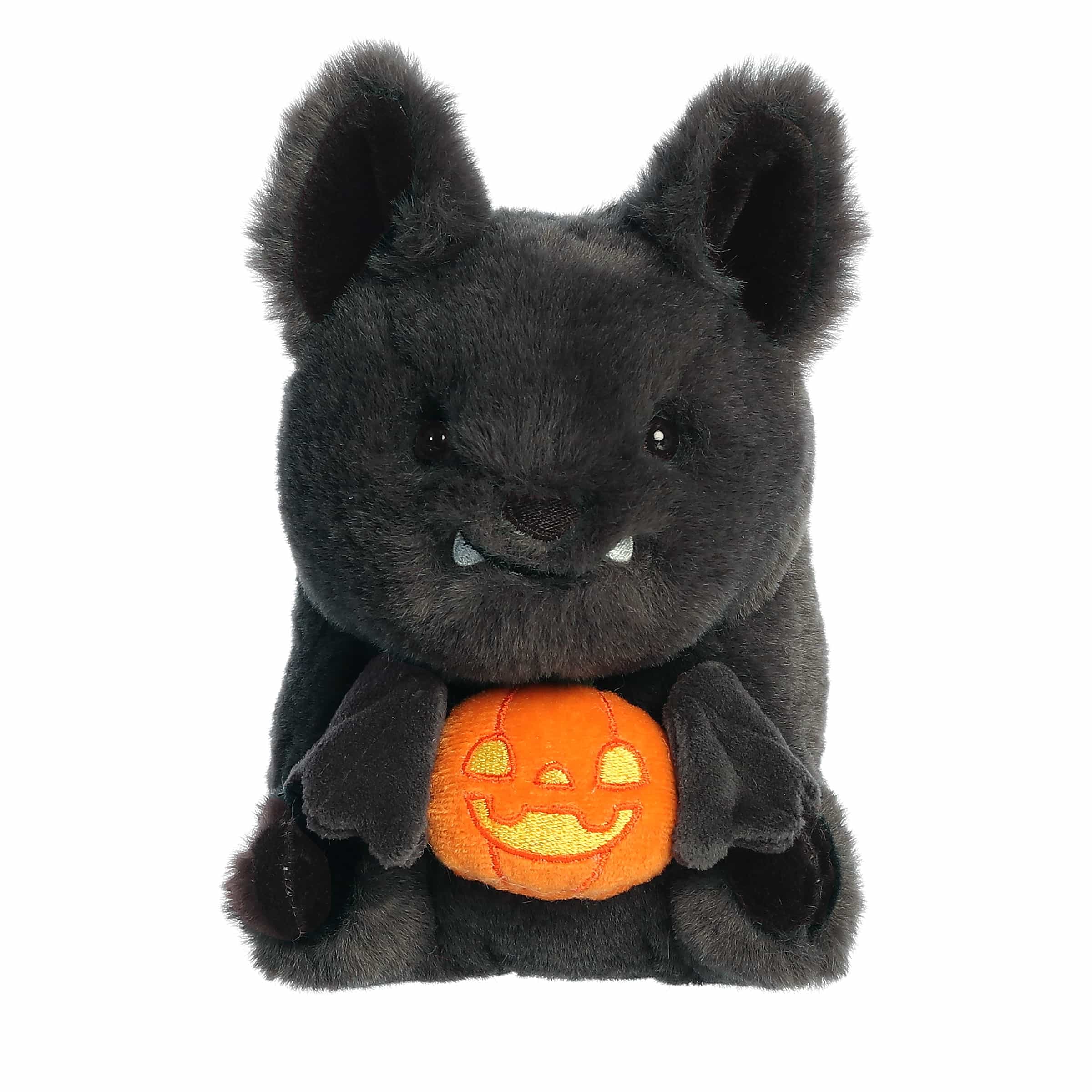 Round-bodied plush bat holding a cheerful pumpkin, soft and cuddly, by Aurora plush