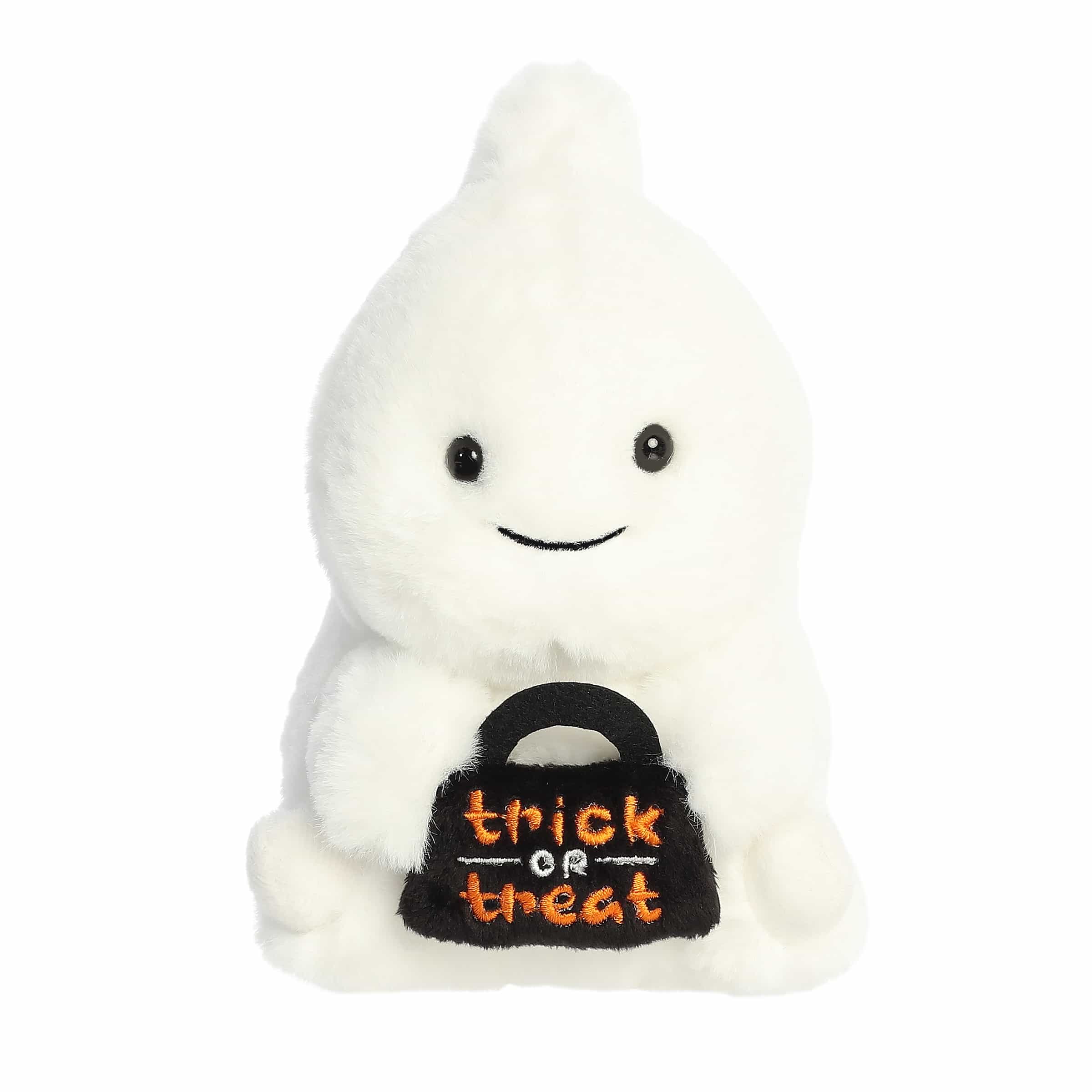 Adorable round-bodied ghost plush with a trick-or-treat bag, ideal for adding a fun and cuddly touch to Halloween decor.