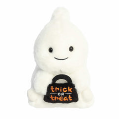 Adorable round-bodied ghost plush with a trick-or-treat bag, ideal for adding a fun and cuddly touch to Halloween decor.