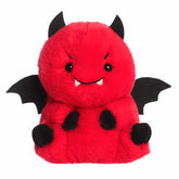 Compact round-bodied devil plush by Aurora in vivid red, with adorable features, perfect for cuddly adventures