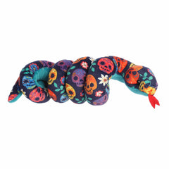 Colorful Dia de los Muertos-inspired snake plush, soft and flexible, ideal for wrapping around your wrist