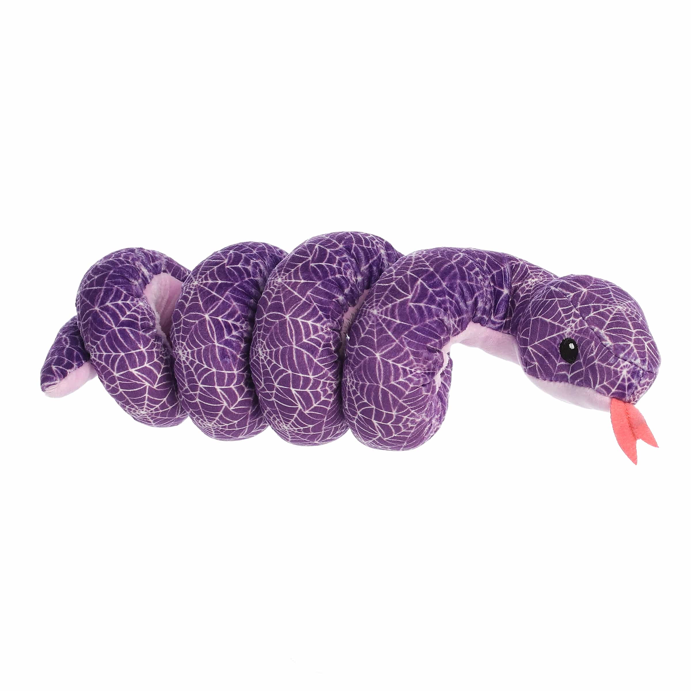Spider web-designed snake plush, flexible and engaging, ideal for creative play or as a standout decorative piece