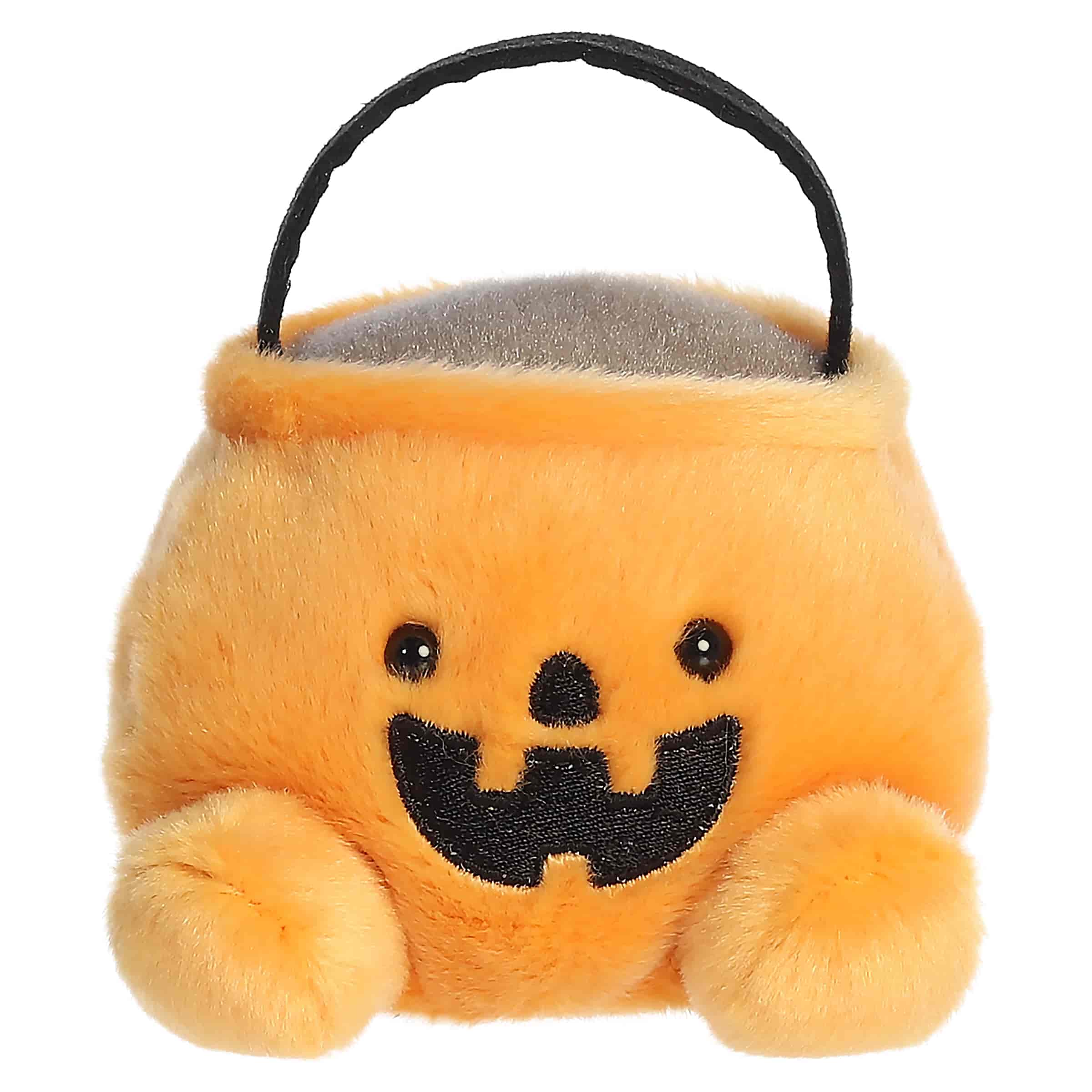 Orange pumpkin candy bucket plush with a smiling jack-o'-lantern face