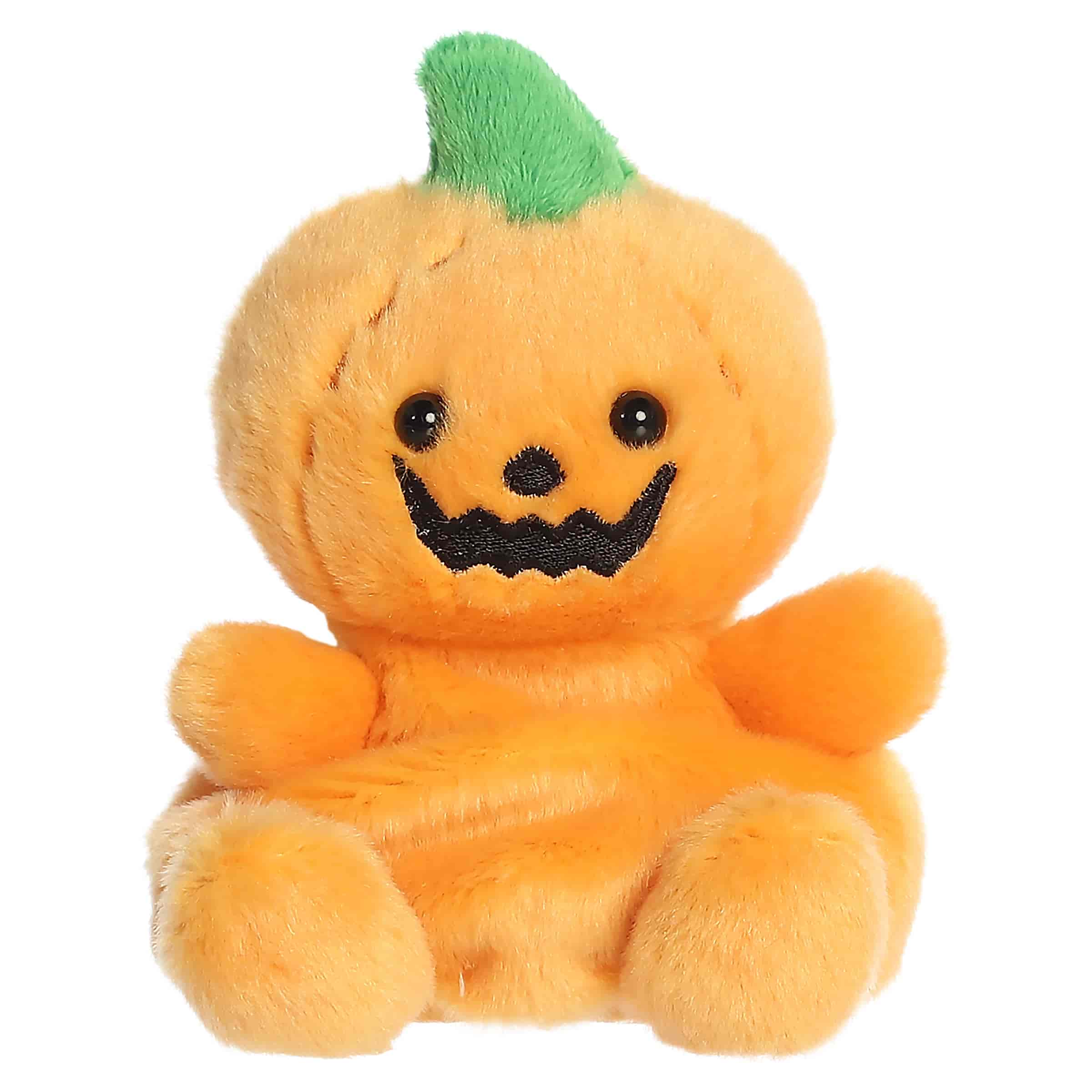 Orange pumpkin head plush with a smiling jack-o'-lantern face