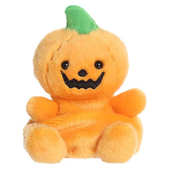 Orange pumpkin head plush with a smiling jack-o'-lantern face