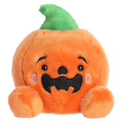 Orange jack-o'-lantern plush with a wide toothy grin