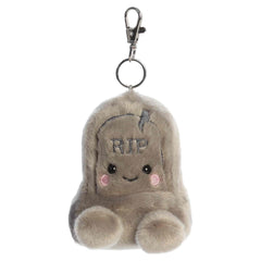 Gray tombstone clip-on plush with a cute face and small clip