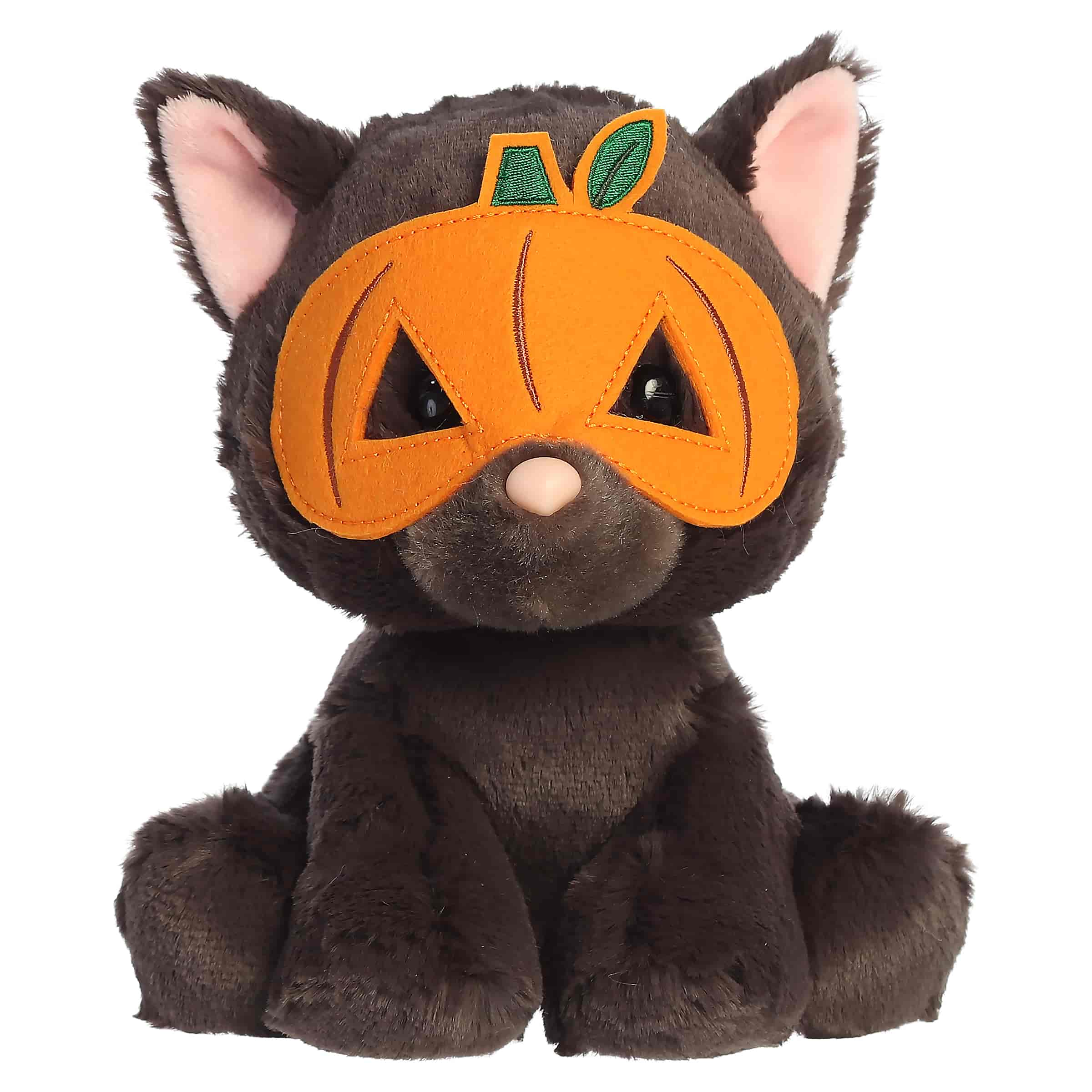 Black cat plush with a bright orange pumpkin mask across its face