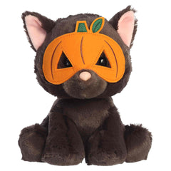 Black cat plush with a bright orange pumpkin mask across its face