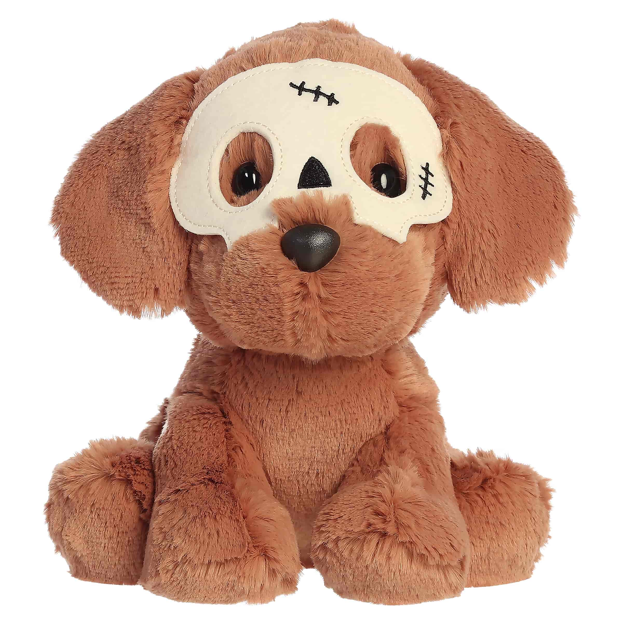 Brown chocolate lab plush with floppy ears and a white skull mask