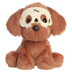 Brown chocolate lab plush with floppy ears and a white skull mask
