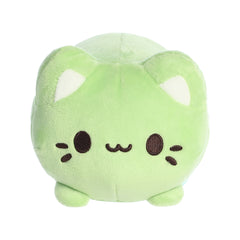 A green plush Meowchi toy from Tasty Peach with embroidered eyes and rounded ears, inspired by matcha green tea.