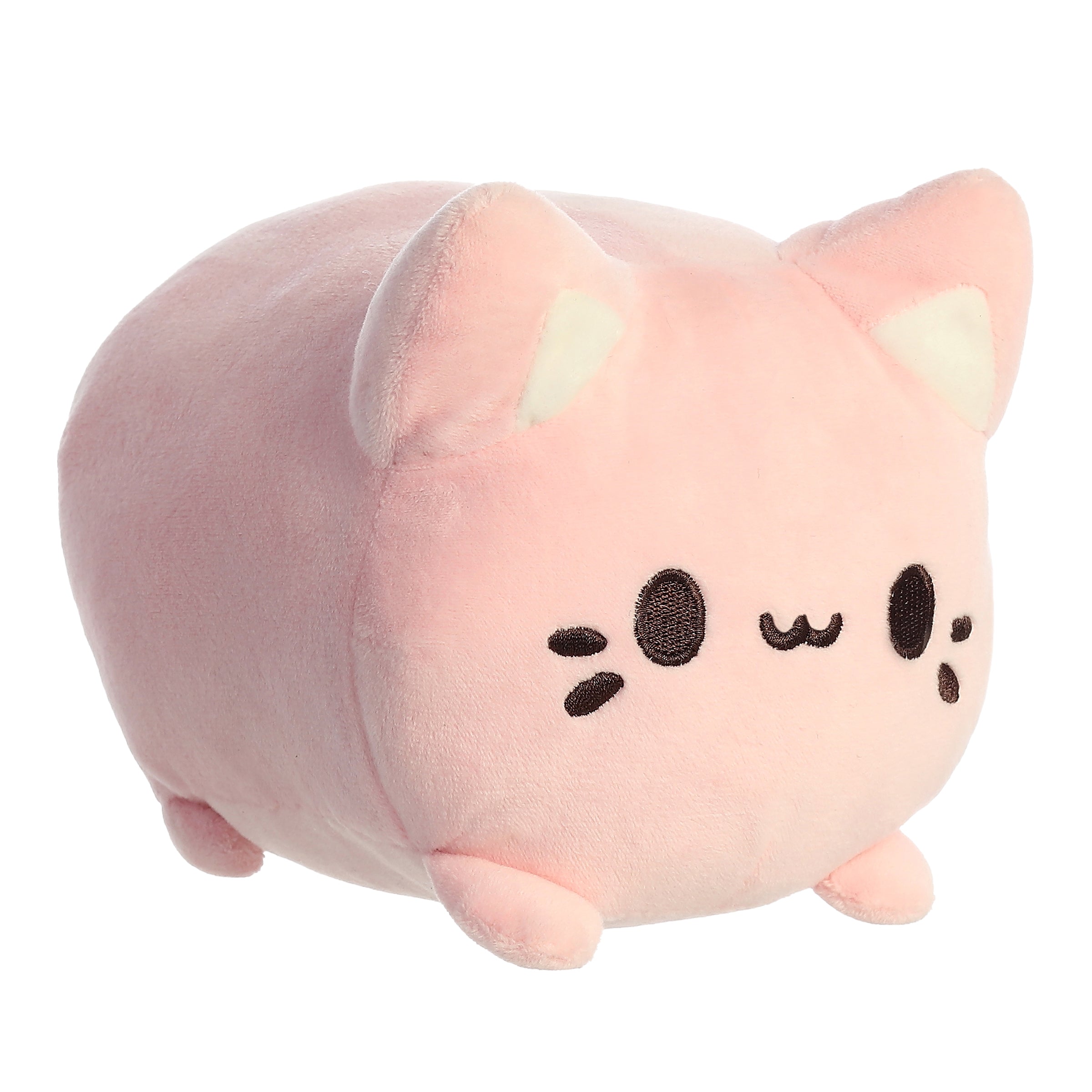 A pink Meowchi plush toy from Tasty Peach with soft round body and stitched facial features, inspired by strawberry sweets.