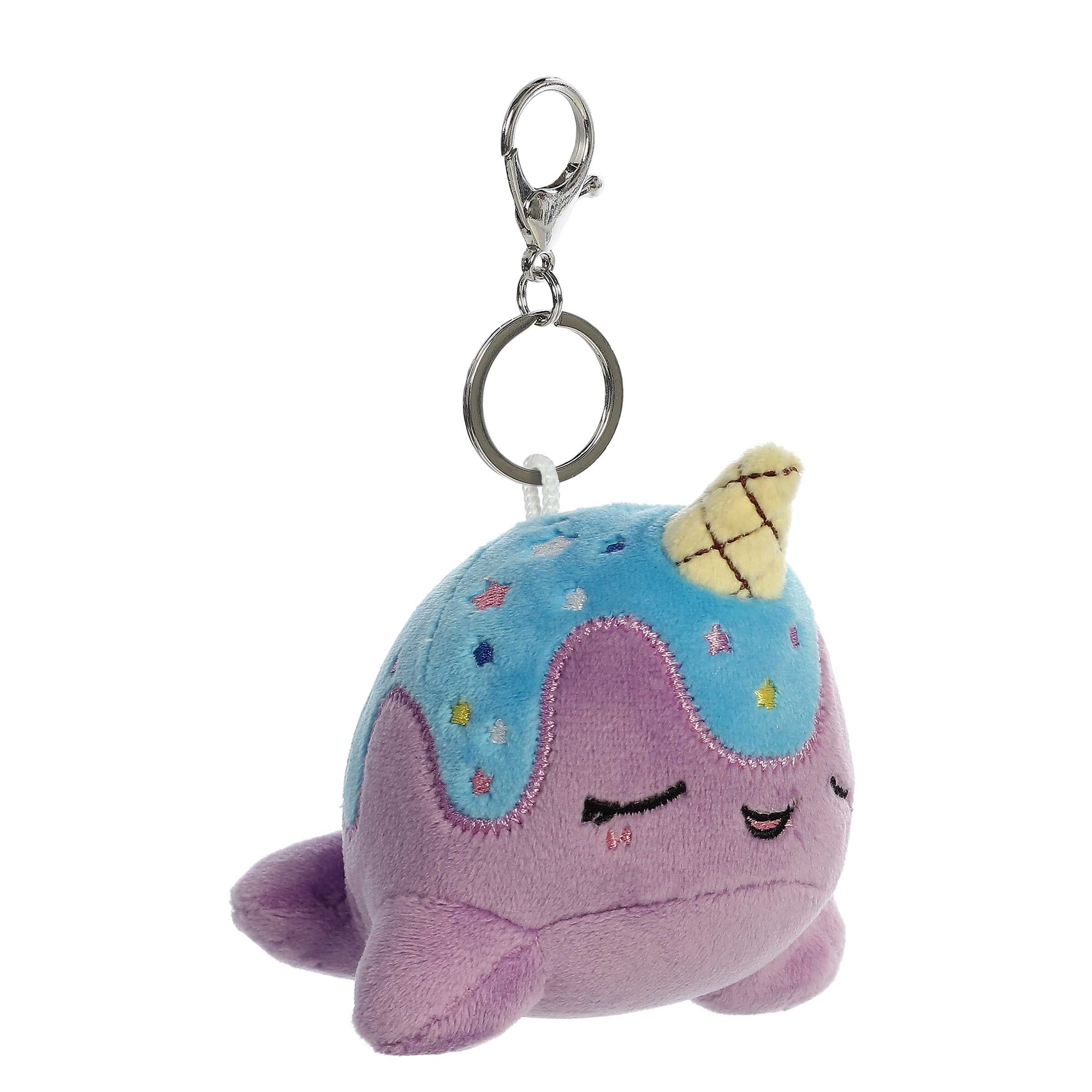 Small narwhal keychain plush from Tasty Peach Aurora with blue topping and waffle horn.