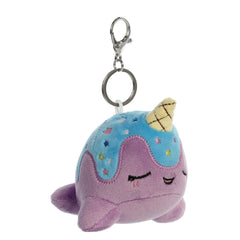Small narwhal keychain plush from Tasty Peach Aurora with blue topping and waffle horn.