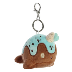 Mini mint chocolate narwhal plush keychain from Tasty Peach plush by Aurora with waffle cone horn.