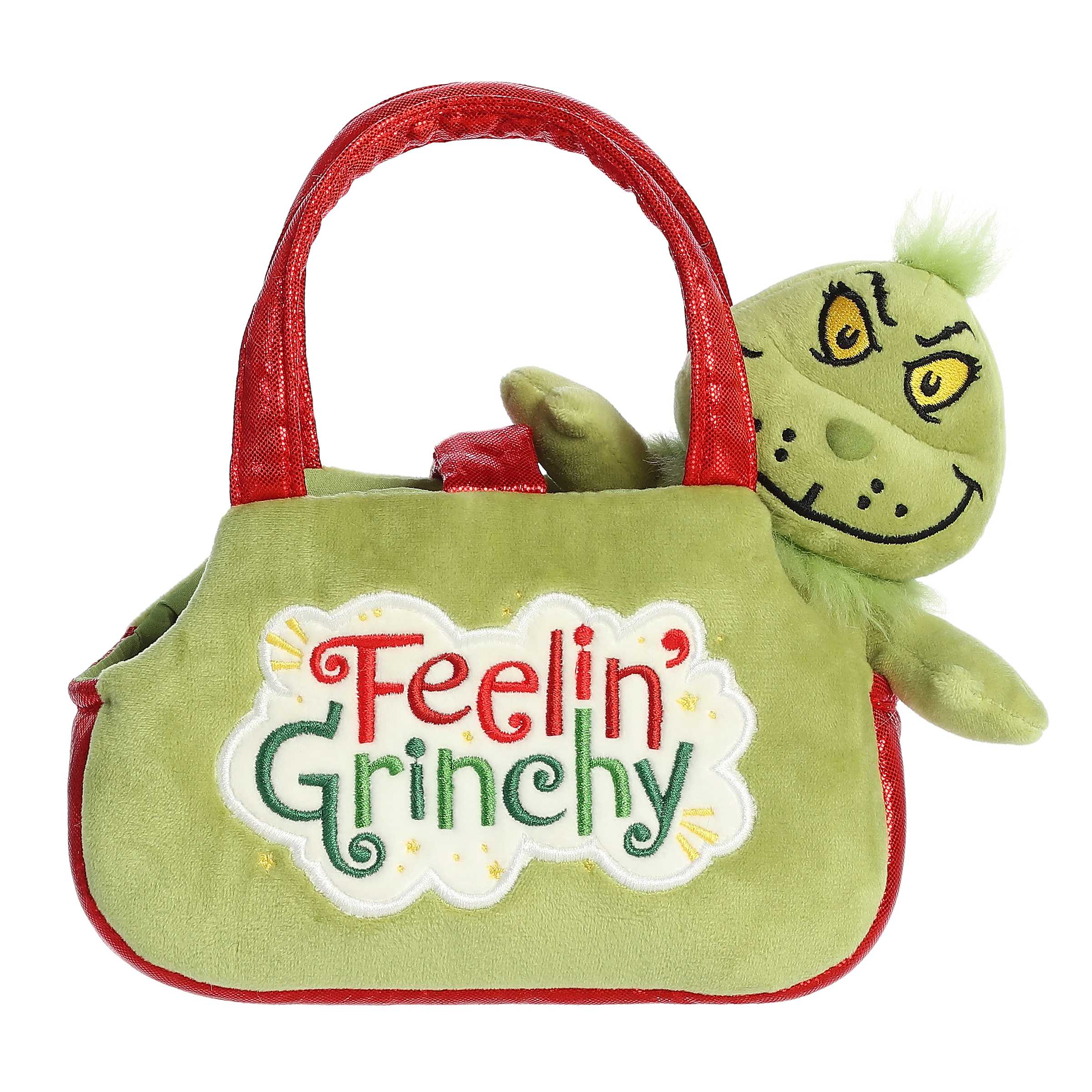 Feeling Grinchy plush from Aurora's Dr. Seuss Collection in a vibrant plush carrier, perfect for holiday fun and gifts.