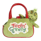 Feeling Grinchy plush from Aurora's Dr. Seuss Collection in a vibrant plush carrier, perfect for holiday fun and gifts.