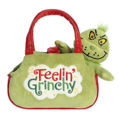 Feeling Grinchy plush from Aurora's Dr. Seuss Collection in a vibrant plush carrier, perfect for holiday fun and gifts.