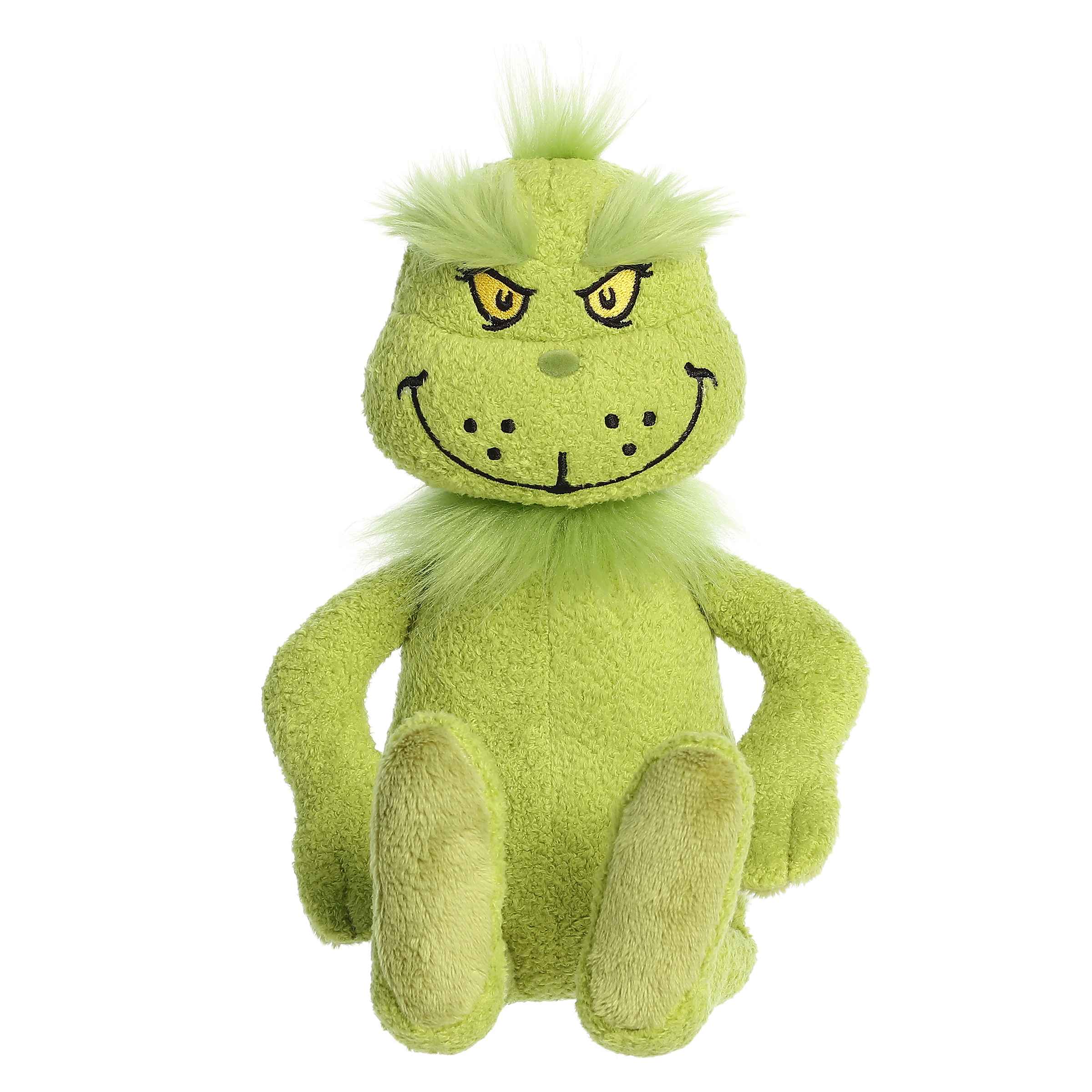 Festive green Grinch plush with his characteristic grin, ideal for fans and holiday gift-giving.